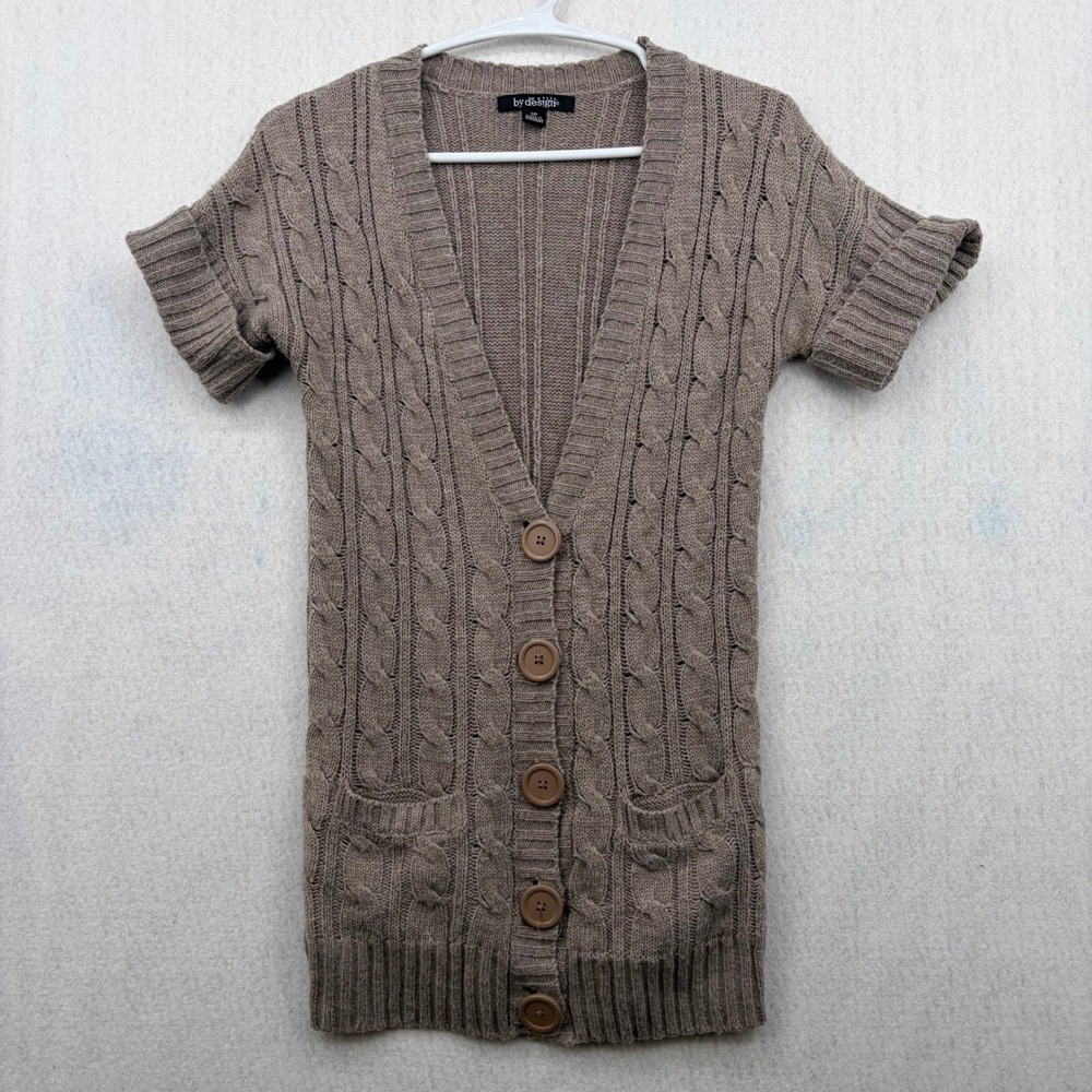 By Design Petite Short Sleeve Cable Knit Cardigan Taupe Brown V-Neck Sweater SP